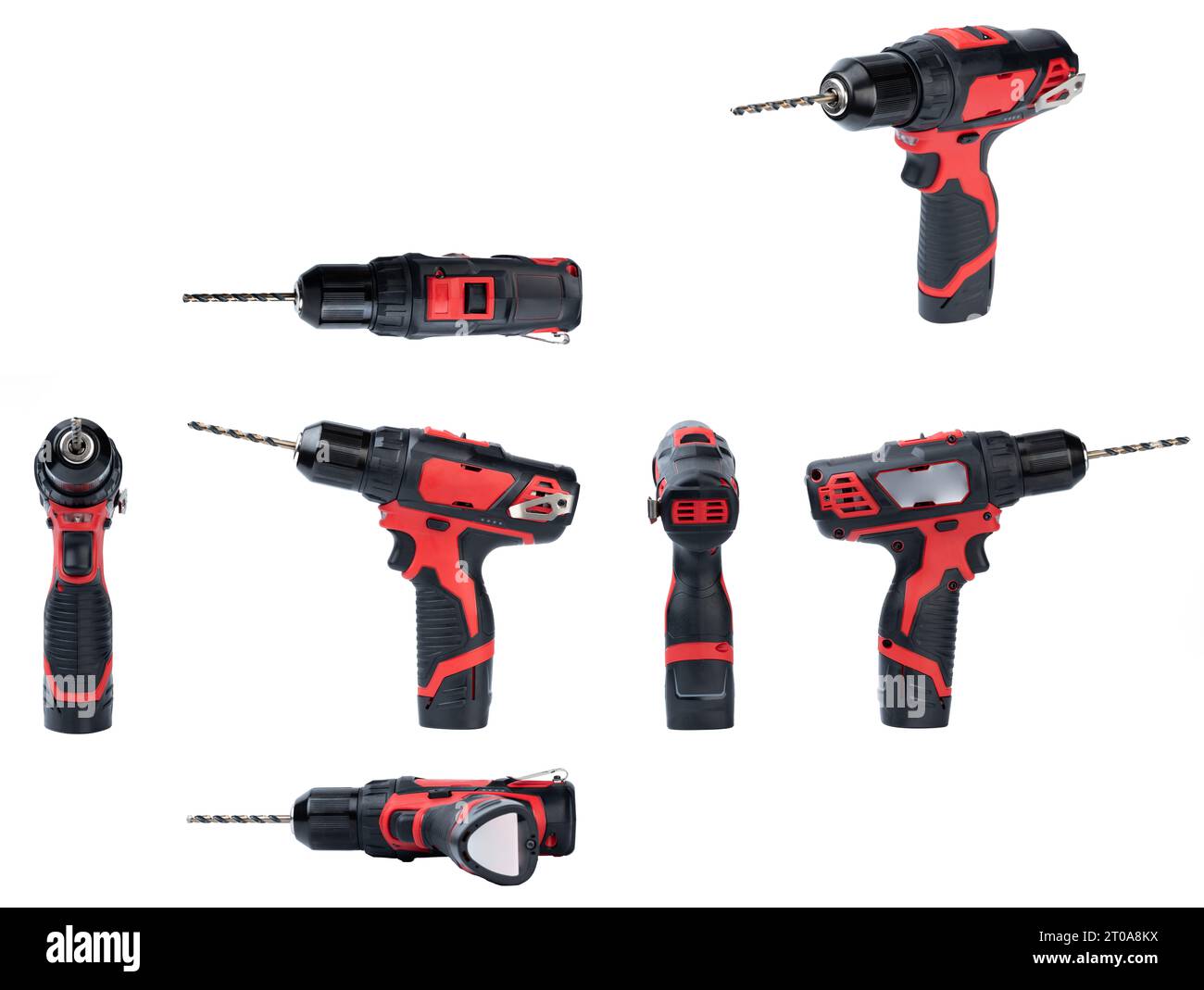 Verschiedene Ansichten des elektrischen Bohrers isoliert auf weißem Studiohintergrund Stockfoto