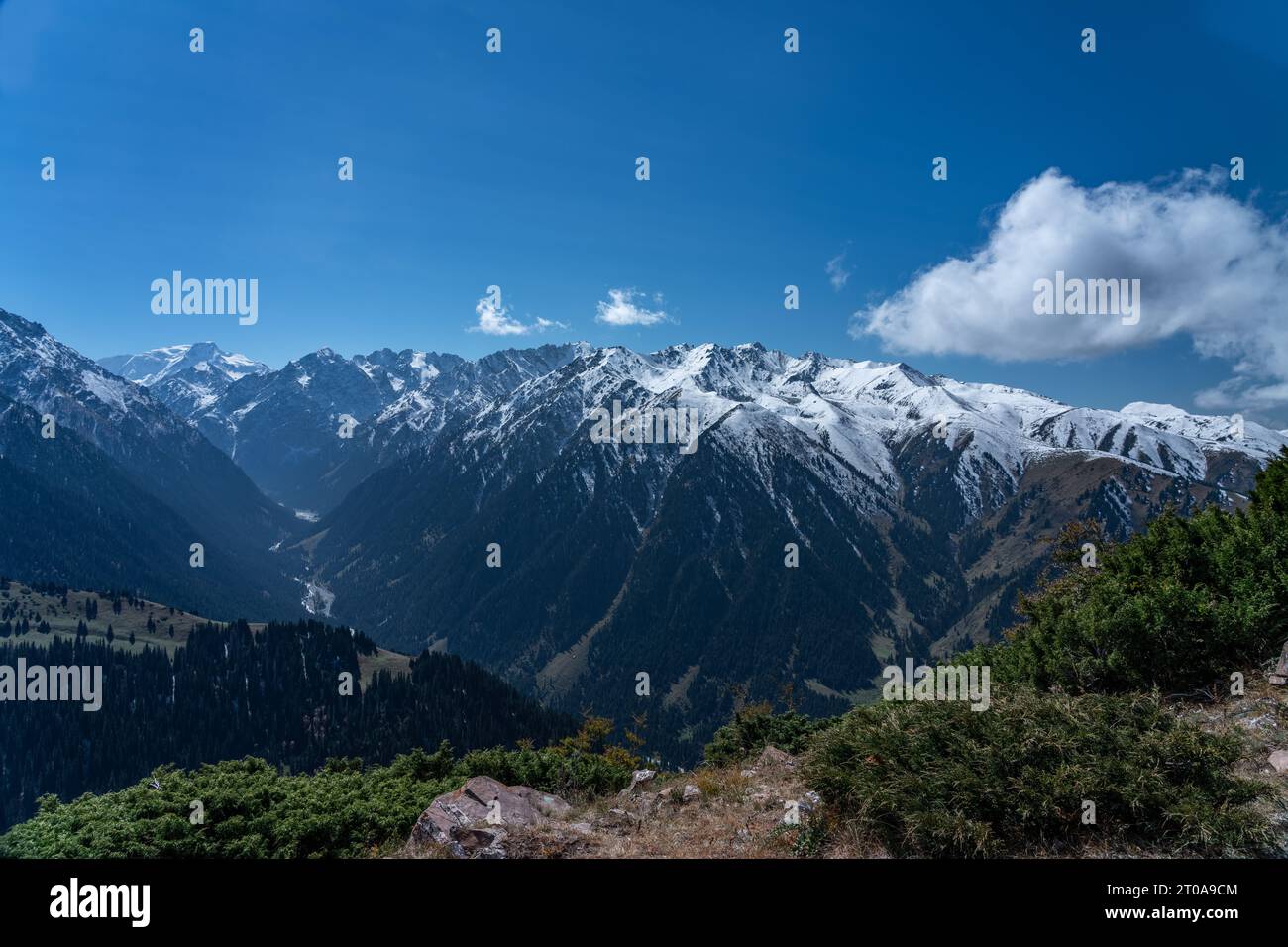 Berge von Karakol, schneebedeckte Gipfel des Karakol Skigebiets Stockfoto