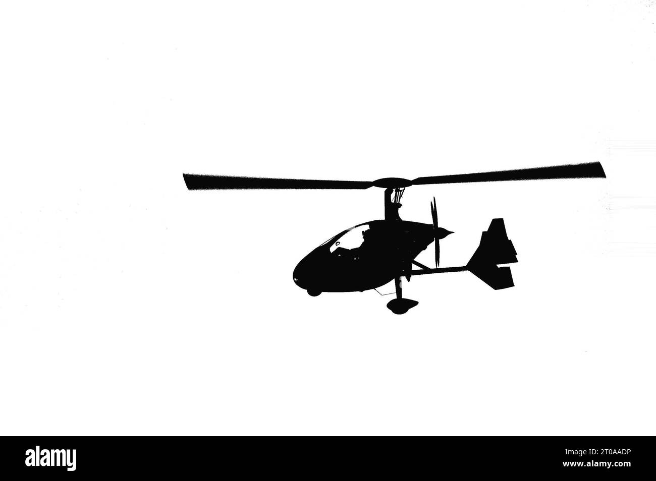 Graffiti-Illustration des isolierten Helikopters autogiro (autogyro). Fliegende Transportmittel, schwarz-weiß-Zeichentrickfilm. Stockfoto