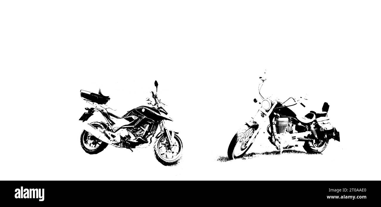 Vergleich: Schwarz-weiße Graffity-Illustration eines modernen Tourenmotorrads und eines altmodischen Vintage-Chopper-Motorrads. Stockfoto