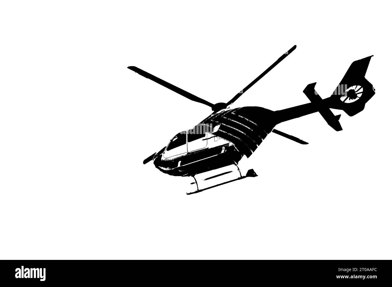 Graffiti-Illustration eines Hubschraubers. Fliegende Transportmittel, schwarz-weiß-Zeichentrickfilm. Stockfoto