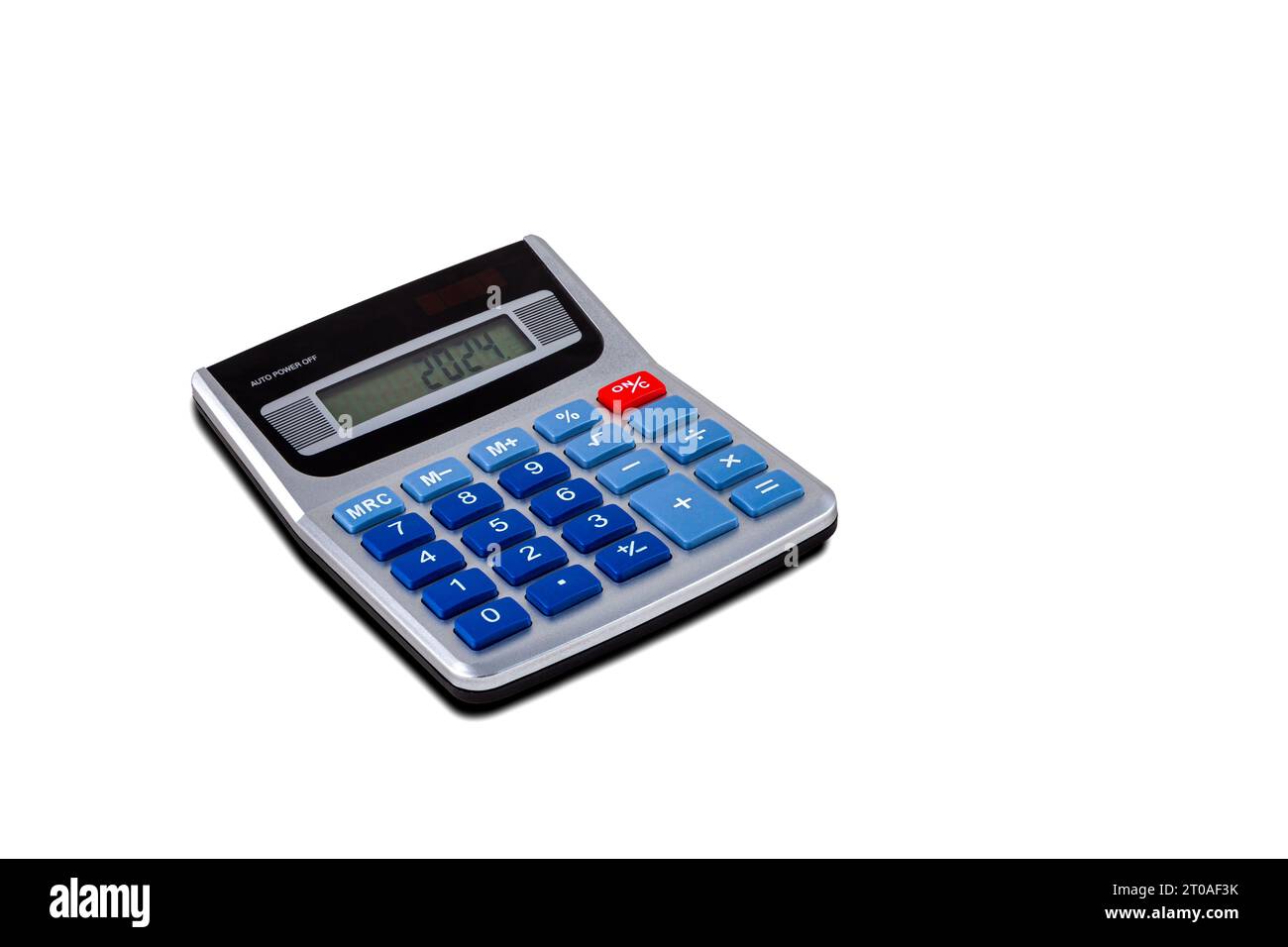 Taschenrechner mit der Nummer 2024 auf weiß. Stockfoto