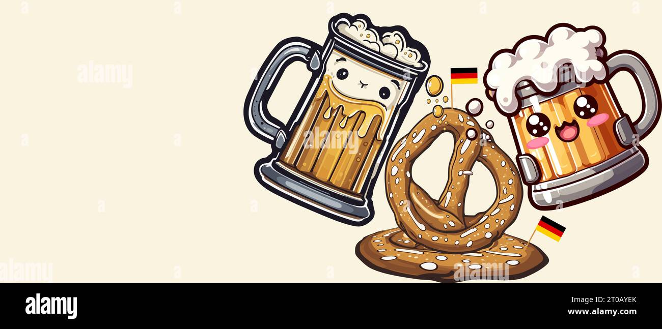 Octoberfest Feiertag Kopierraum Hintergrund mit Brezel und Bier stein Glas. Gefeierter deutscher Oktoberfesttag Bayern Festival Banner. Bierkrug, Stock Vektor