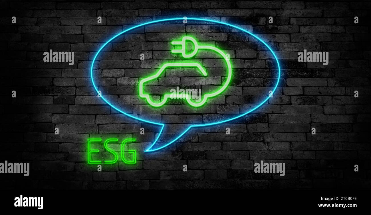 ESG icon Concept Neon Sign on Black Background für Umwelt, Soziales und Governance in nachhaltigem und ethischem Geschäft über die Netzwerkverbindung. Stockfoto