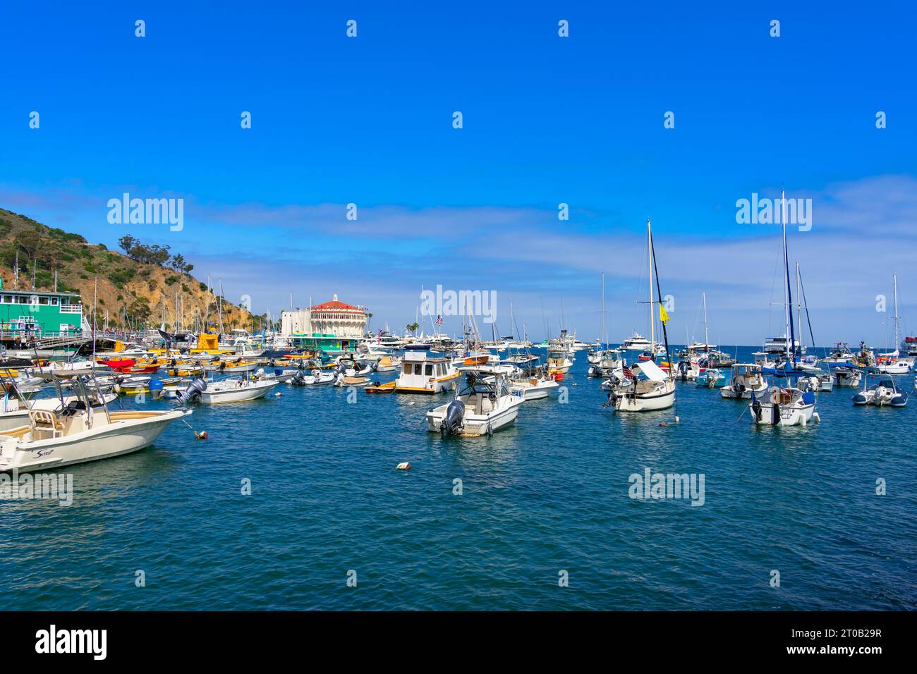 Avalon, CA, USA - 13. September 2023: Blick auf den Hafen von Avalon mit Booten und das Catalina Casino Gebäude im Hintergrund auf Santa Catalina IS Stockfoto