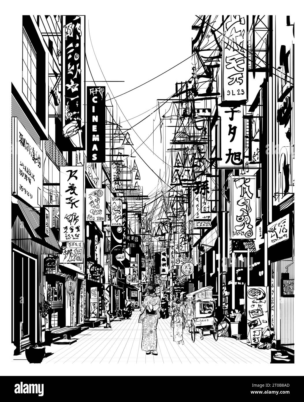 Schwarzweißzeichnung einer Straße in Japan - Vektorillustration (ideal zum Drucken, Poster oder Tapeten, Hausdekoration) - alle Zeichen sind f Stock Vektor