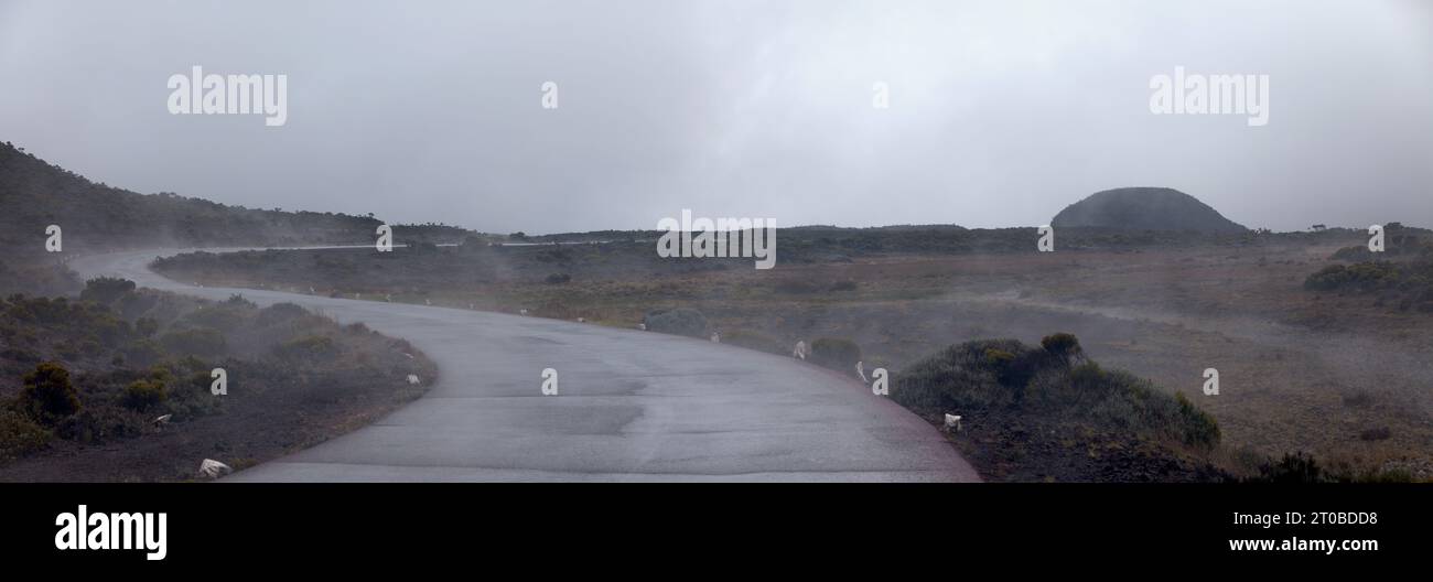 Wolken bedecken die Straße, die vom Pas de Bellecombe ausgeht, bevor sie die Plaine des Sables erreichen. Stockfoto