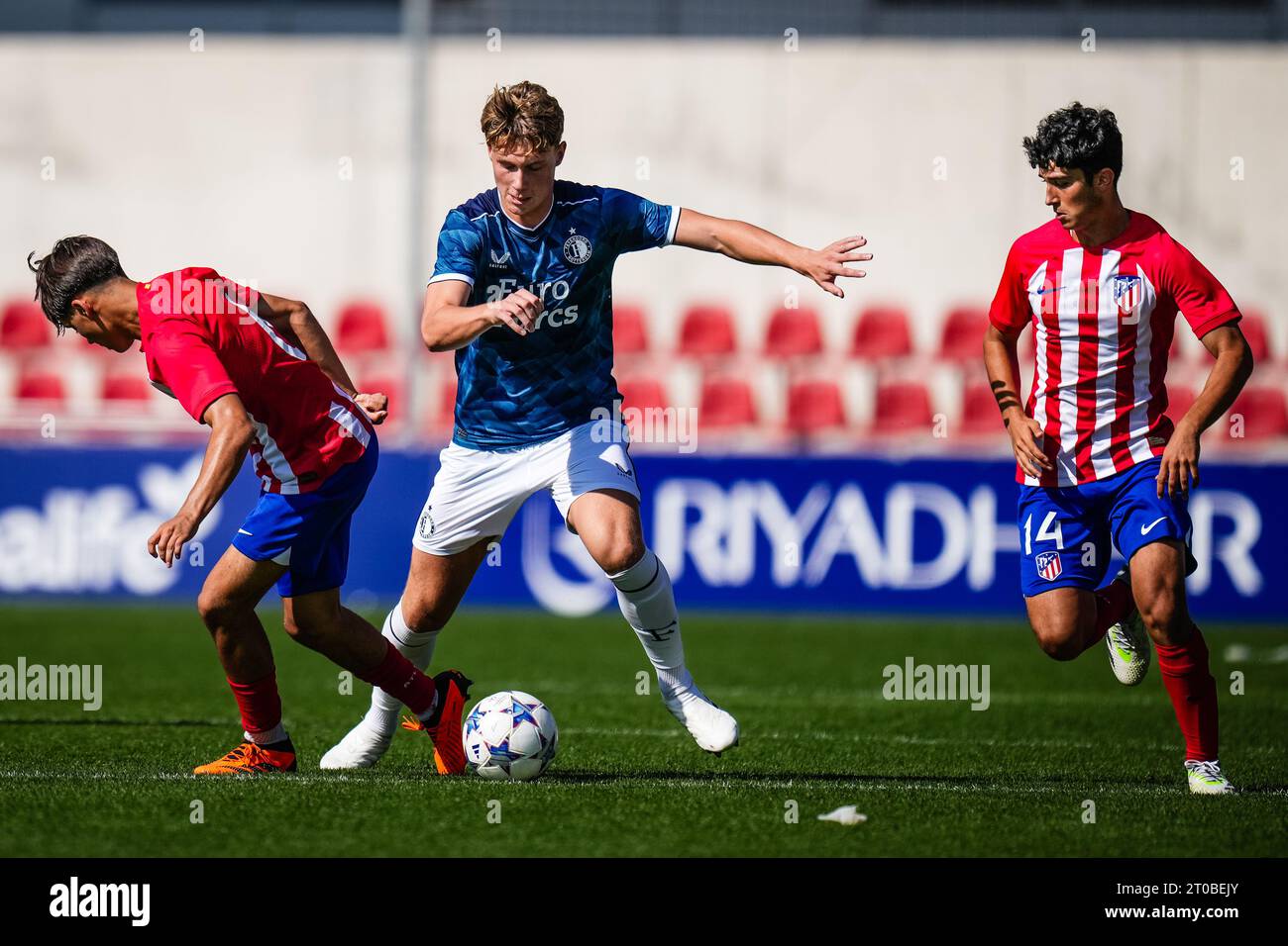 Madrid, Spanien. Oktober 2023. Madrid - Thijs Kraaijeveld von Feyenoord O19 während der zweiten Etappe der Gruppenphase der UEFA Youth League zwischen Atletico Madrid O19 und Feyenoord O19 im Centro Deportivo Wanda Alcala de Henares am 4. Oktober 2023 in Madrid, Spanien. Credit: Box to Box Pictures/Alamy Live News Stockfoto