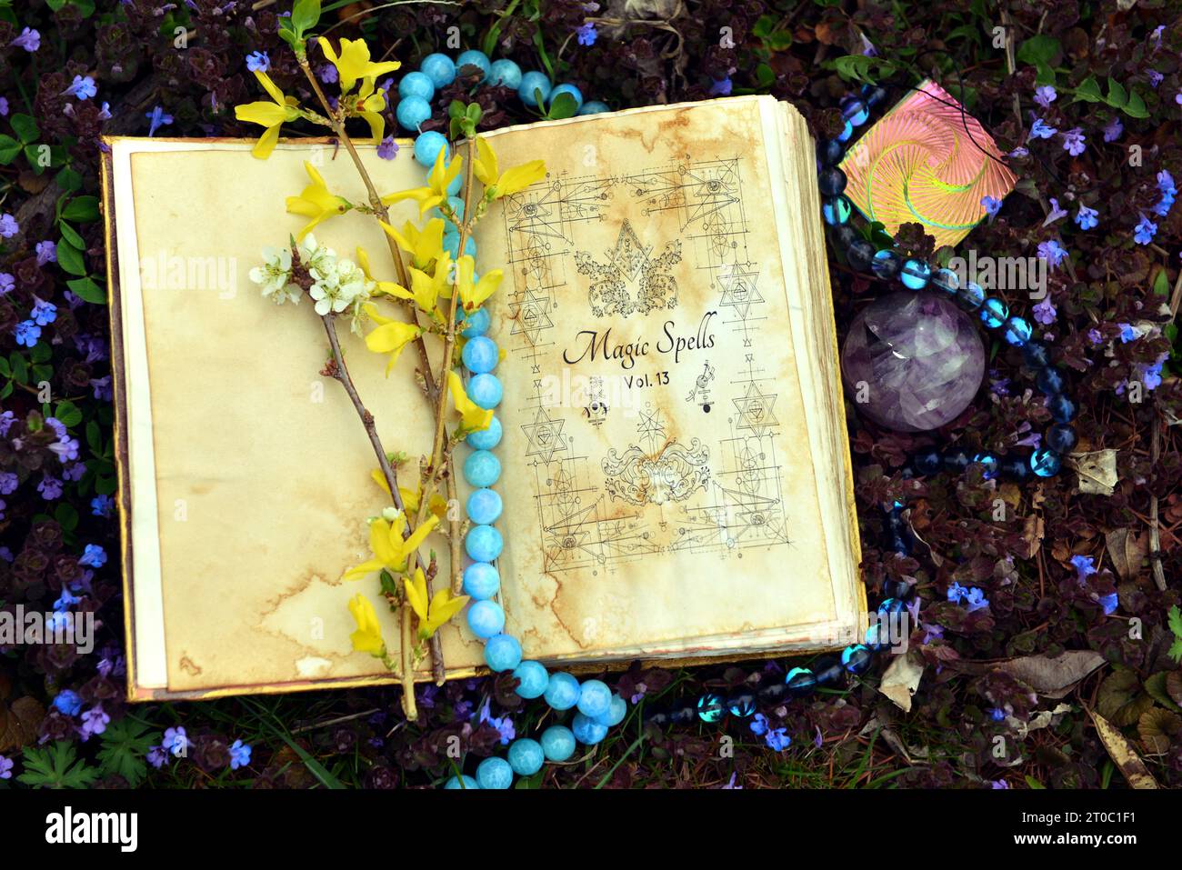 Öffnen Sie das Buch der Zaubersprüche mit Kristallen auf dem Quellgras. Okkultes, esoterisches und Wahrsagungsstilleben. Mystischer Außenhintergrund mit Vintage-Objekt Stockfoto