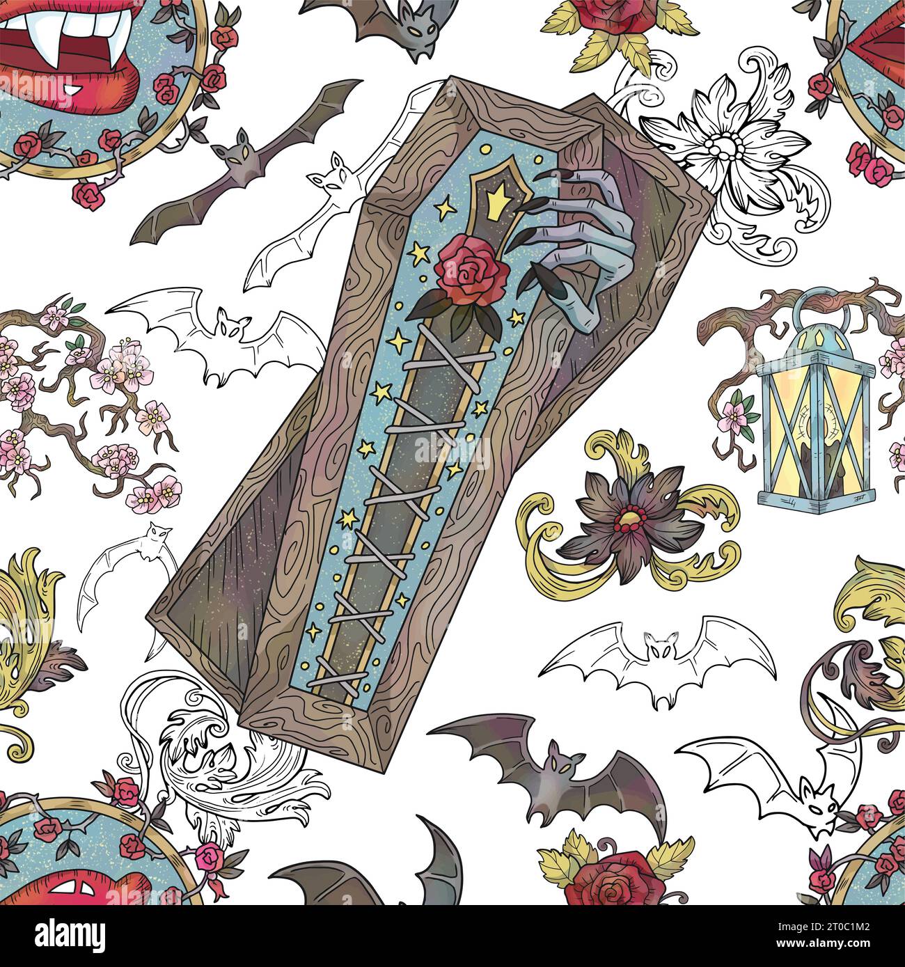 Nahtloses Vektor-Muster mit Fantasy-Illustrationen von Sarg, Vampirfledermäusen und romantischen viktorianischen Dekorationen. Halloween Hintergrund mit Gothic und es Stockfoto
