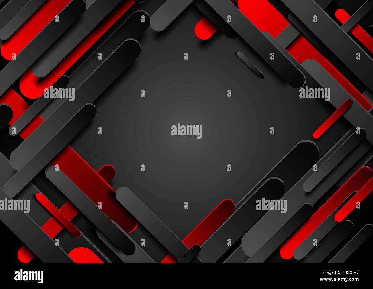 Schwarze und rote 3D-Komposition mit geometrischen diagonalen Formen. Abstrakter dunkler technischer Hintergrund. Vektorabbildung Stock Vektor