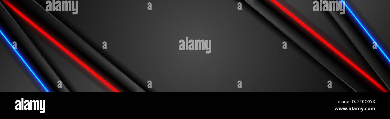 Abstraktes Bannerdesign in Schwarz-Tech mit leuchtendem blauem und rotem Neonlicht. Konzept moderner futuristischer Hintergrund. Vektorabbildung Stock Vektor