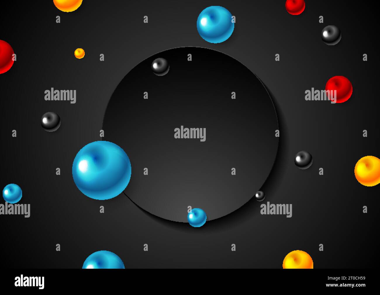 Bunte Hochglanzperlen und abstrakter technischer Hintergrund mit schwarzem, leerem Kreis. Vektordesign Stock Vektor