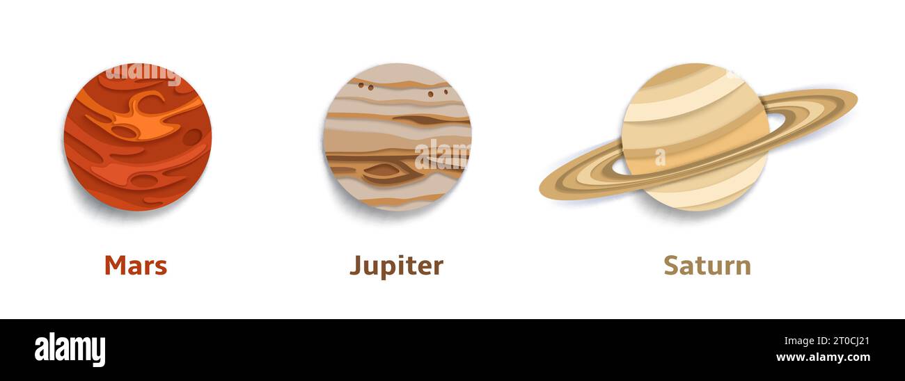 Schichtweise Papier geschnitten Stil Mars, Jupiter, Saturn fantastische Sonnensystemplaneten, Vektorillustration isoliert auf weißem Hintergrund. Astronomie für Kinder. Stock Vektor