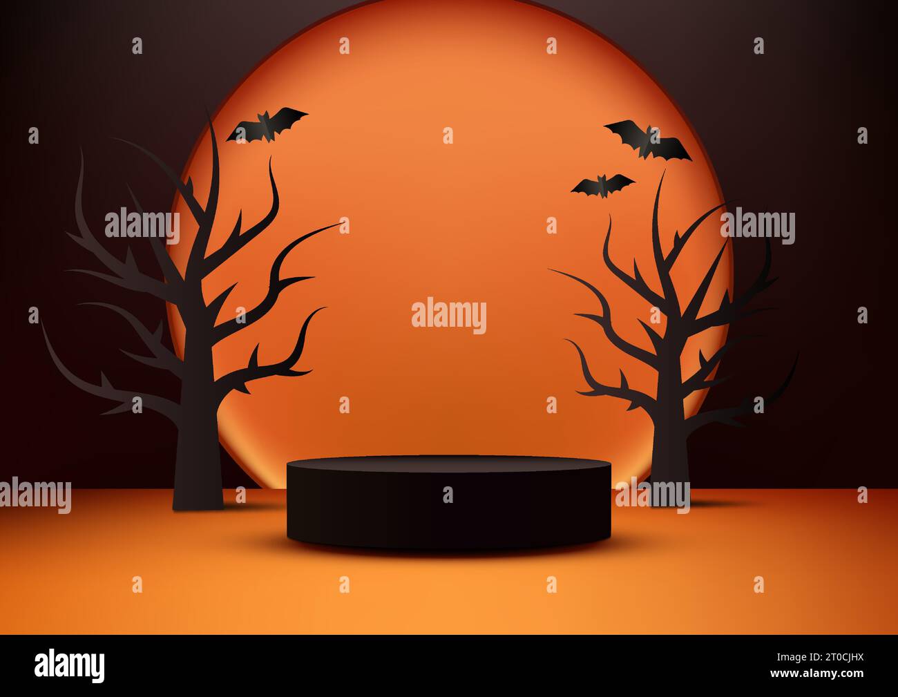 Halloween Farben Thema Produktanzeige 3D schwarze Podium Dekoration mit orangem Kreis, schwarzem totem Baum und Fledermäusen auf orangem Wandhintergrund. Halloween Co Stock Vektor