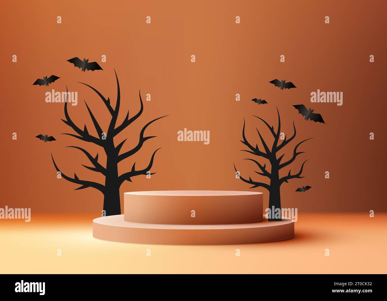 Halloween Farben Thema Produktanzeige 3D orange Podium Dekoration mit schwarzem toten Baum und Fledermäusen auf orangem Wandhintergrund. Halloween-Konzept, Produkt Stock Vektor