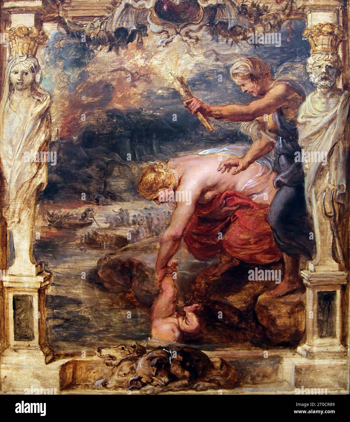 Thetis taucht Achilles in den Fluss Styx (1630–1635) von Peter Paul Rubens (1577–1640) belgischer Meistermaler. Stockfoto