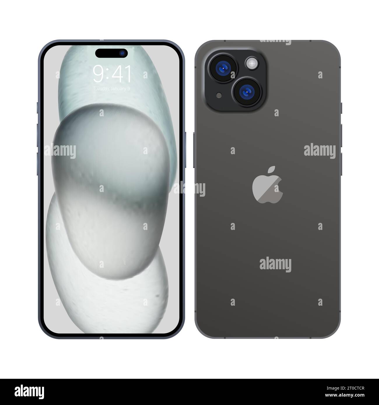 Neues iPhone 15 Deep Black von Apple Inc iphone mit Modellbildschirm und iphone auf der Rückseite. Hohe Qualität. Offizielle Präsentation. Editorial Stock Vektor