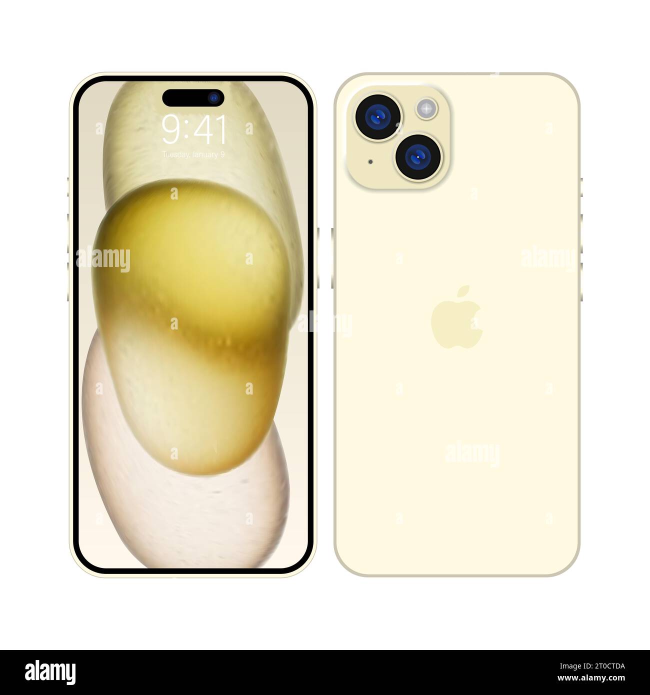 Neues iPhone 15 tiefes Gelbgold von Apple Inc iphone mit Modellbildschirm und iphone auf der Rückseite. Hohe Qualität. Offizielle Präsentation. Editorial Stock Vektor