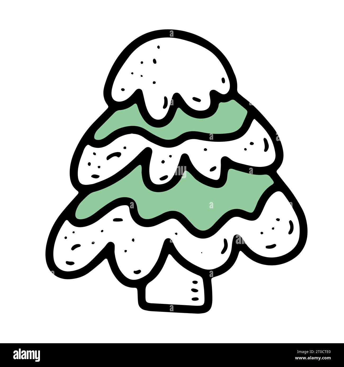Vektor gemütliche Doodle Baum Illustration. Handgezeichneter Tannenbaum auf weißem Hintergrund. Farbige skandinavische Fichte mit Schnee. Frohes Neues Jahr, Frohe Weihnachten Stock Vektor