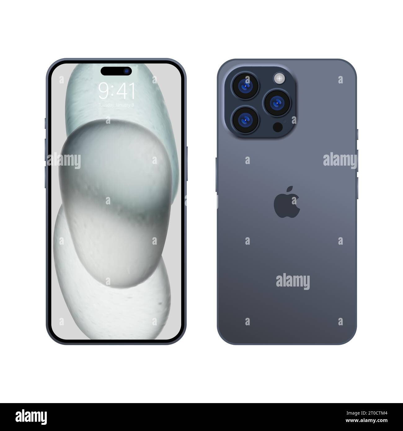 Neues iPhone 15 pro, pro max Deep Grey Blue oder von Apple Inc iphone mit Modellbildschirm und iphone auf der Rückseite. Hohe Qualität. Offizielle Präsentation. Editorial Stock Vektor