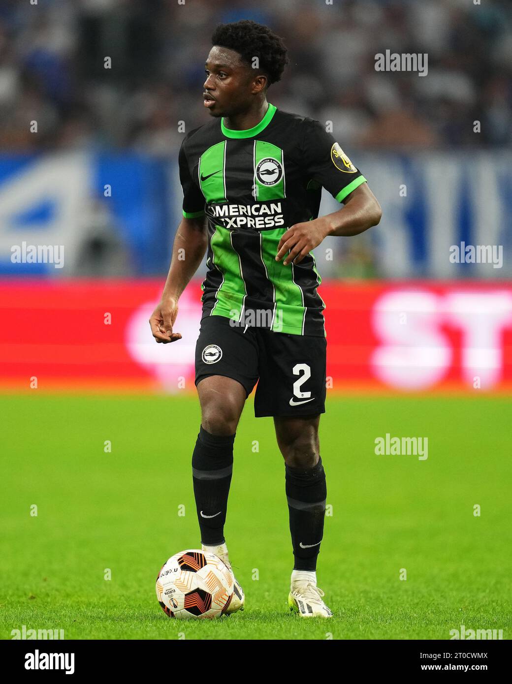 Marseille, Marseille. Oktober 2023. Tariq Lamptey aus Brighton Hove Albion spielte am 5. Oktober 2023 im Stade Velodrome in Marseille, Frankreich, während des UEFA Europa League-Spiels zwischen Olympique Marseille und Brighton Hove Albion (Gruppe B, Datum 2). (Foto: Bagu Blanco/PRESSINPHOTO) Credit: PRESSINPHOTO SPORTS AGENCY/Alamy Live News Stockfoto