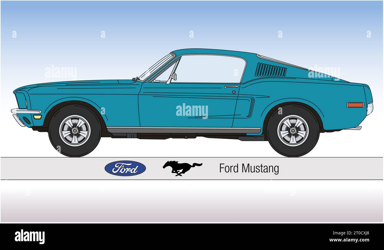 USA, Jahr 1968, Oldtimer Ford Mustang, Illustrationsfarbe Stockfoto