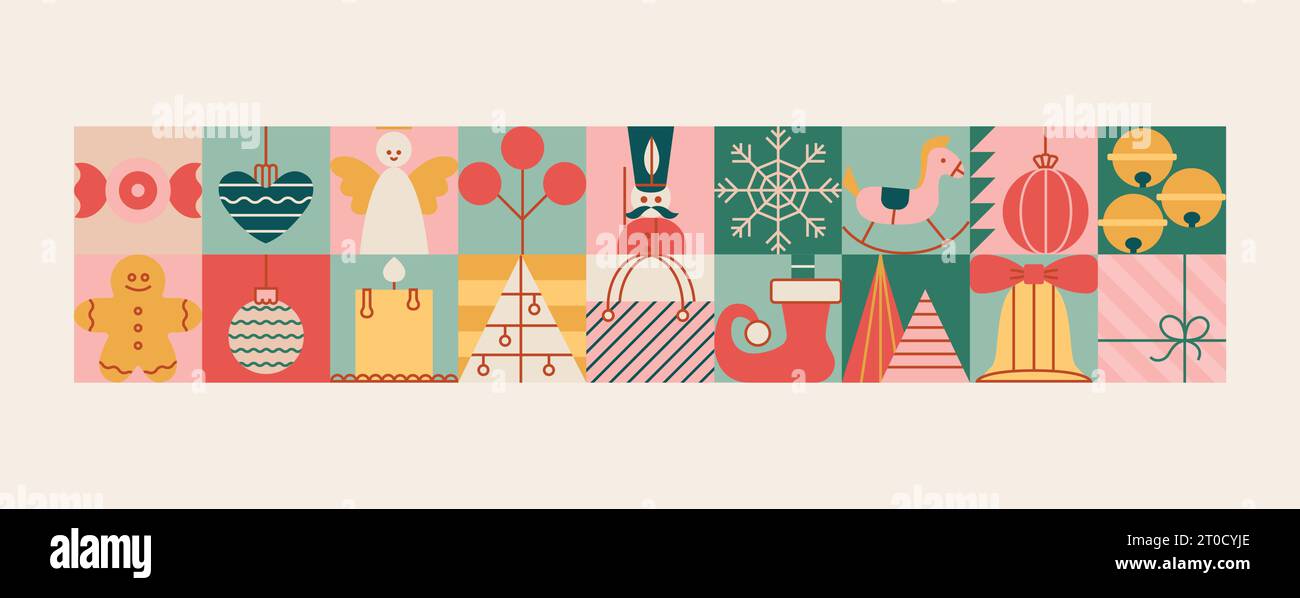 Nahtloses Weihnachtsbanner mit Spielzeug, Kugeln, Stern, Engel, Baum, Süßigkeiten. Borte im Vintage-Stil. Stock Vektor