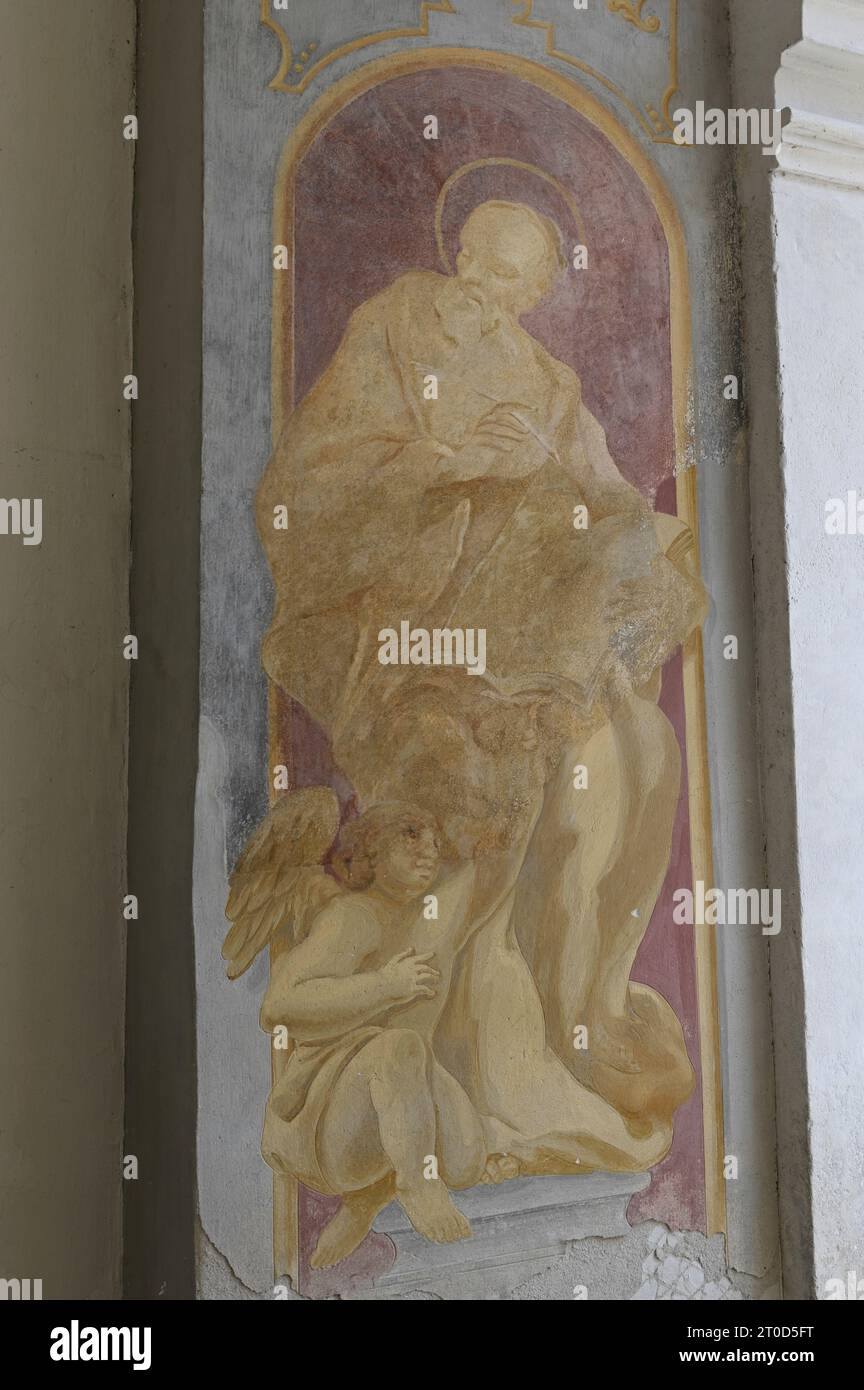 Dürnstein, Niederösterreich, Österreich. Religiöse Malerei am Eingang zum Kloster Dürnstein Stockfoto