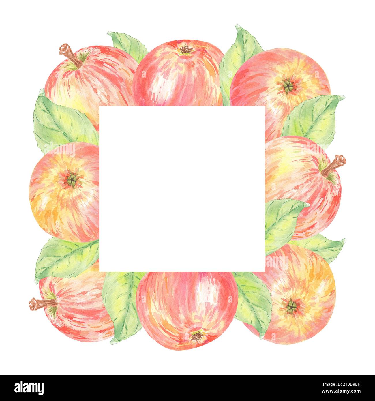 Aquarellrahmen Apfelrot isolierte Illustration auf weißem Hintergrund. Herbstfrucht für Logo, Menü, Karte, Muster. Kunst für Design. Gesunde Ernährung Stockfoto