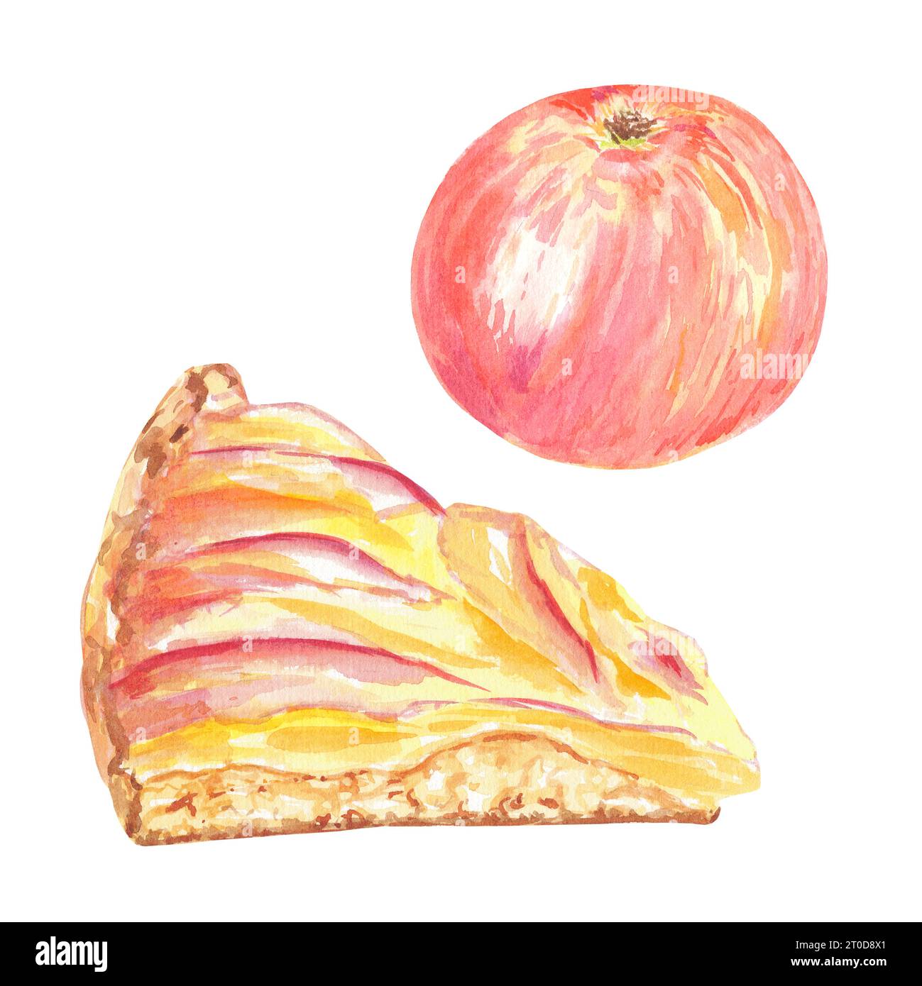 Clipart handgemalte rote Äpfel und Karamellkuchen. Botanische Illustration mit Aquarell isoliertes Element auf weißem Hintergrund. Kunst für Lebensmitteldesign, Logo Stockfoto