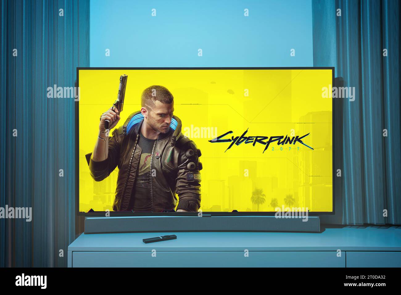 Cyberpunk 2077 auf dem Fernsehbildschirm. Cyberpunk 2077 bekommt eine Live-Action-Show oder einen Film Stockfoto