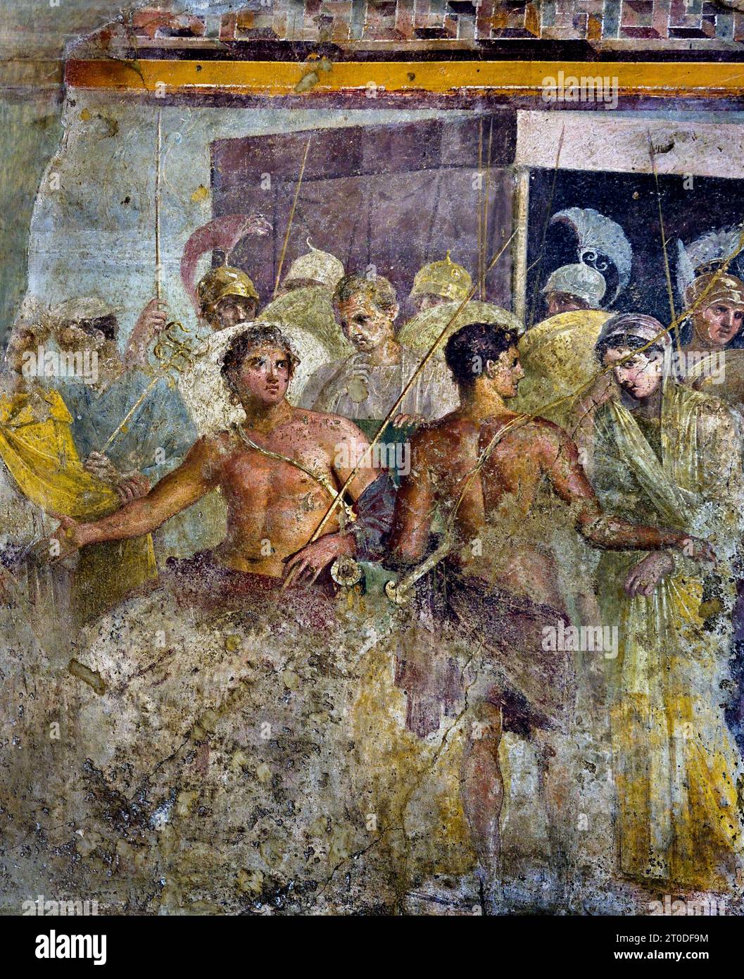 Achilles’ Kapitulation Briseis an Agamemnon (Troja) aus dem Haus des tragischen Dichters Fresco Pompeji liegt in der Nähe von Neapel in der Region Kampanien. Pompeji wurde bei der Eruption des Vesuvs 79 n. Chr. unter 4-6 m vulkanischer Asche und Bimsstein begraben. Italien Achilles ist gezwungen, Briseis, den Gefangenen, in den er sich verliebt hatte, an Agamemnon abzugeben, nachdem Agamemnon Chryseis an ihren Vater, Chryses, den Priester von Apollon, zurückgeben musste. Haus des tragischen Dichters. Stockfoto