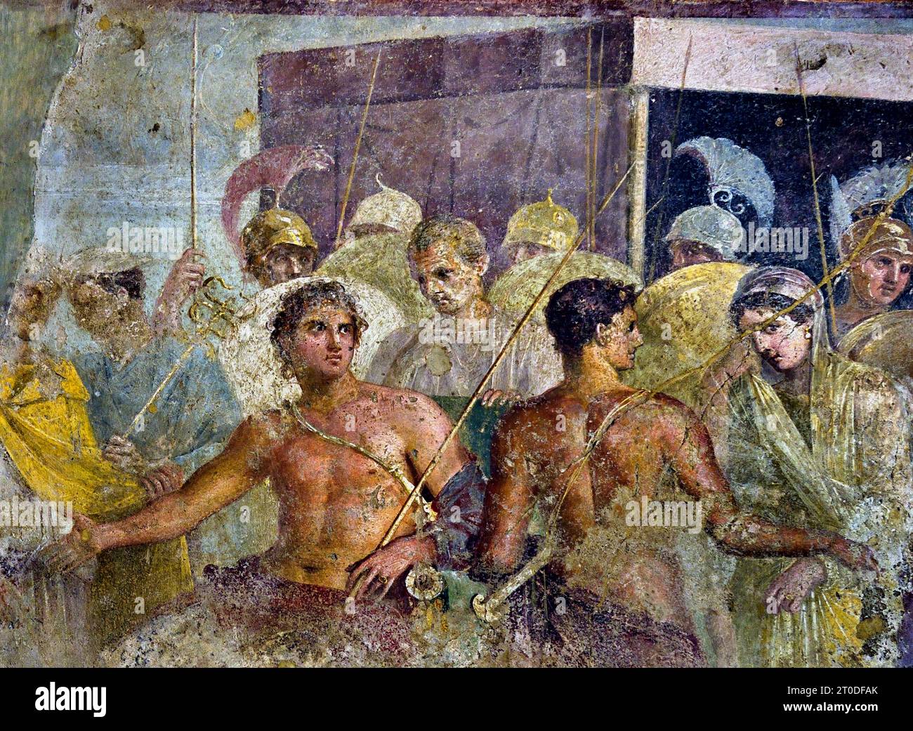 Achilles’ Kapitulation Briseis an Agamemnon (Troja) aus dem Haus des tragischen Dichters Fresco Pompeji liegt in der Nähe von Neapel in der Region Kampanien. Pompeji wurde bei der Eruption des Vesuvs 79 n. Chr. unter 4-6 m vulkanischer Asche und Bimsstein begraben. Italien Achilles ist gezwungen, Briseis, den Gefangenen, in den er sich verliebt hatte, an Agamemnon abzugeben, nachdem Agamemnon Chryseis an ihren Vater, Chryses, den Priester von Apollon, zurückgeben musste. Haus des tragischen Dichters. Stockfoto
