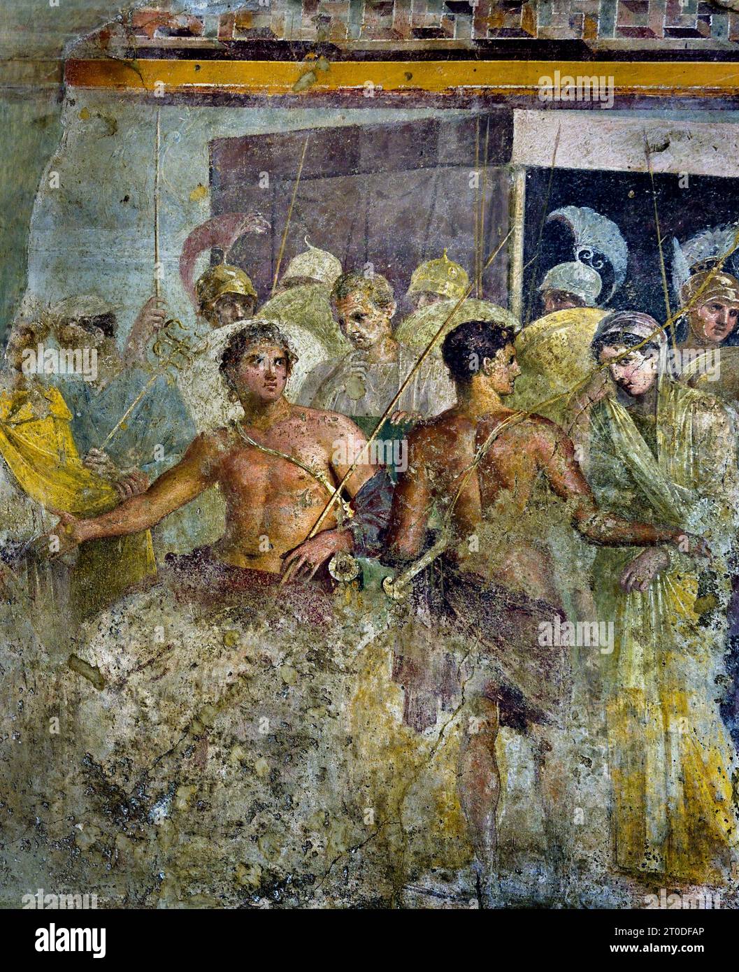Achilles’ Kapitulation Briseis an Agamemnon (Troja) aus dem Haus des tragischen Dichters Fresco Pompeji liegt in der Nähe von Neapel in der Region Kampanien. Pompeji wurde bei der Eruption des Vesuvs 79 n. Chr. unter 4-6 m vulkanischer Asche und Bimsstein begraben. Italien Achilles ist gezwungen, Briseis, den Gefangenen, in den er sich verliebt hatte, an Agamemnon abzugeben, nachdem Agamemnon Chryseis an ihren Vater, Chryses, den Priester von Apollon, zurückgeben musste. Haus des tragischen Dichters. Stockfoto