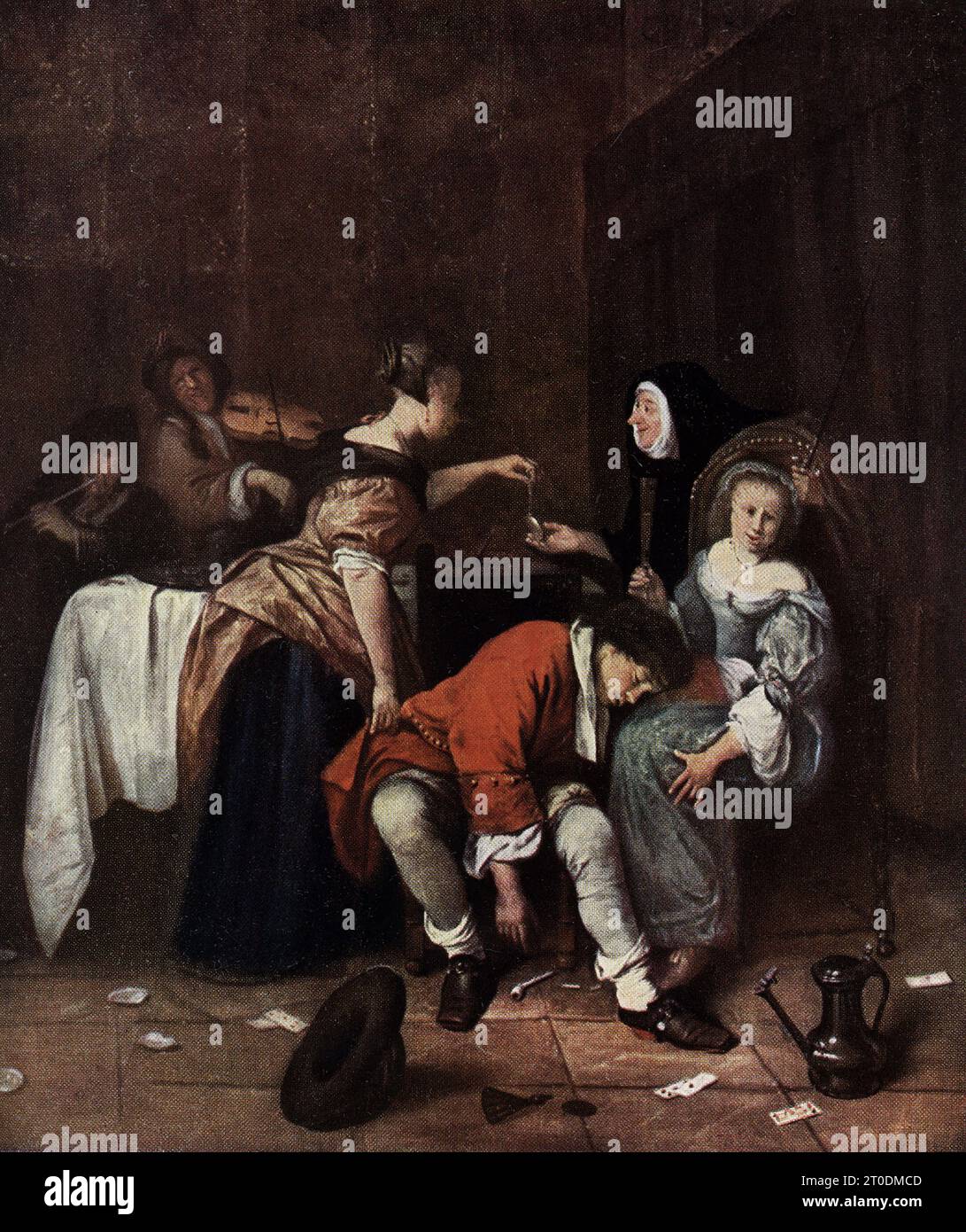 Der Titel von 1916 lautet: „Jan Steen. 1626-1679 Dutch School — Bad Company oder La mauvaise Compagnie im Louvre unterschrieben in der linken unteren Ecke. Mit Öl auf der Platte lackiert. 1 dt 6,74 Zoll X 1' 2,25 Zoll Jan Havickszoon Steen war ein niederländischer Maler des Goldenen Zeitalters, einer der führenden Genremaler des 17. Jahrhunderts. Seine Werke sind bekannt für ihre psychologische Einsicht, ihren Sinn für Humor und ihre Farbenvielfalt. Stockfoto