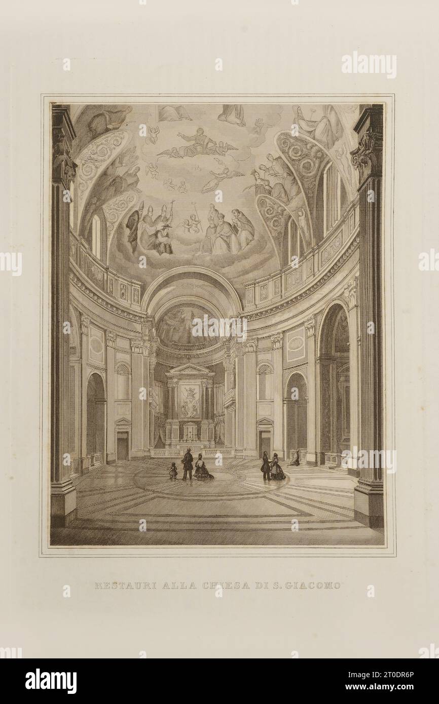 P. Cacchiatelli - G. Gleter, Wissenschaft und Kunst unter dem Pontifikat von Pius IX., veröffentlicht 1860 in Rom von der Tipografia delle Belle Arti, Via Poli, 91. Im Inneren befinden sich Radierungen, die die öffentlichen Werke darstellen, die während des Pontifikats von Pius IX. Entstanden sind Stockfoto