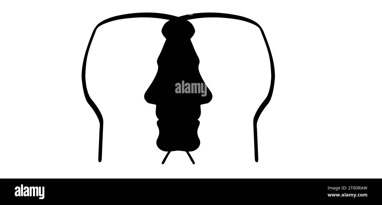 Linienmuster des Zeichentrickgesichts, zwei Umrissköpfe der Umrisslinie. Beziehungen, zwischenmenschliche Kommunikation, Therapieabstrakt. Menschen stehen vor ico Stockfoto