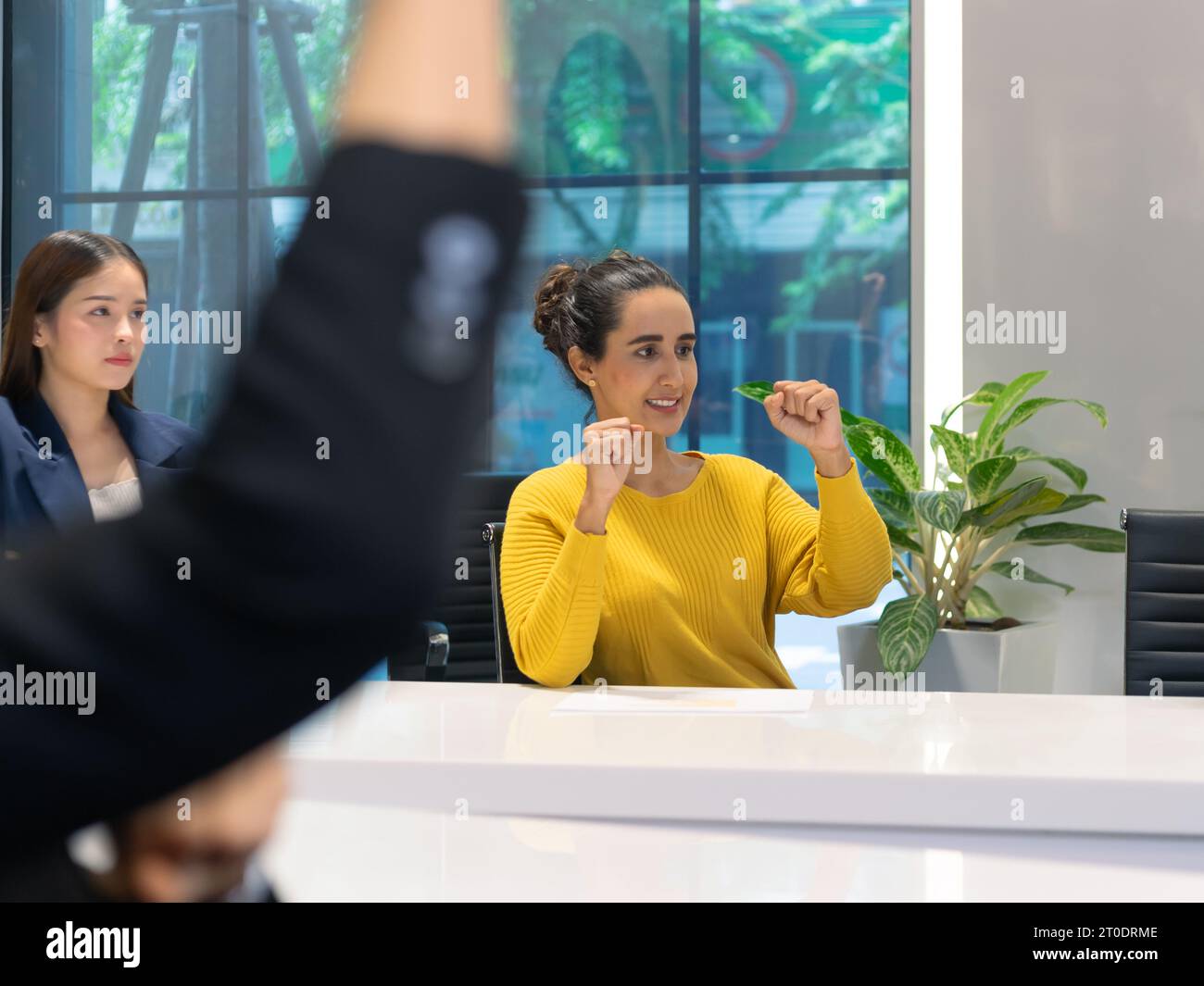 Geschäftstreffen mit einem erfolgreichen Moment. Eine Gruppe von Mitarbeitern aus der Vielfalt von Geschäftsleuten. Applaus, Klatschen an den Händen und geschlossene Faust erscheinen für h Stockfoto