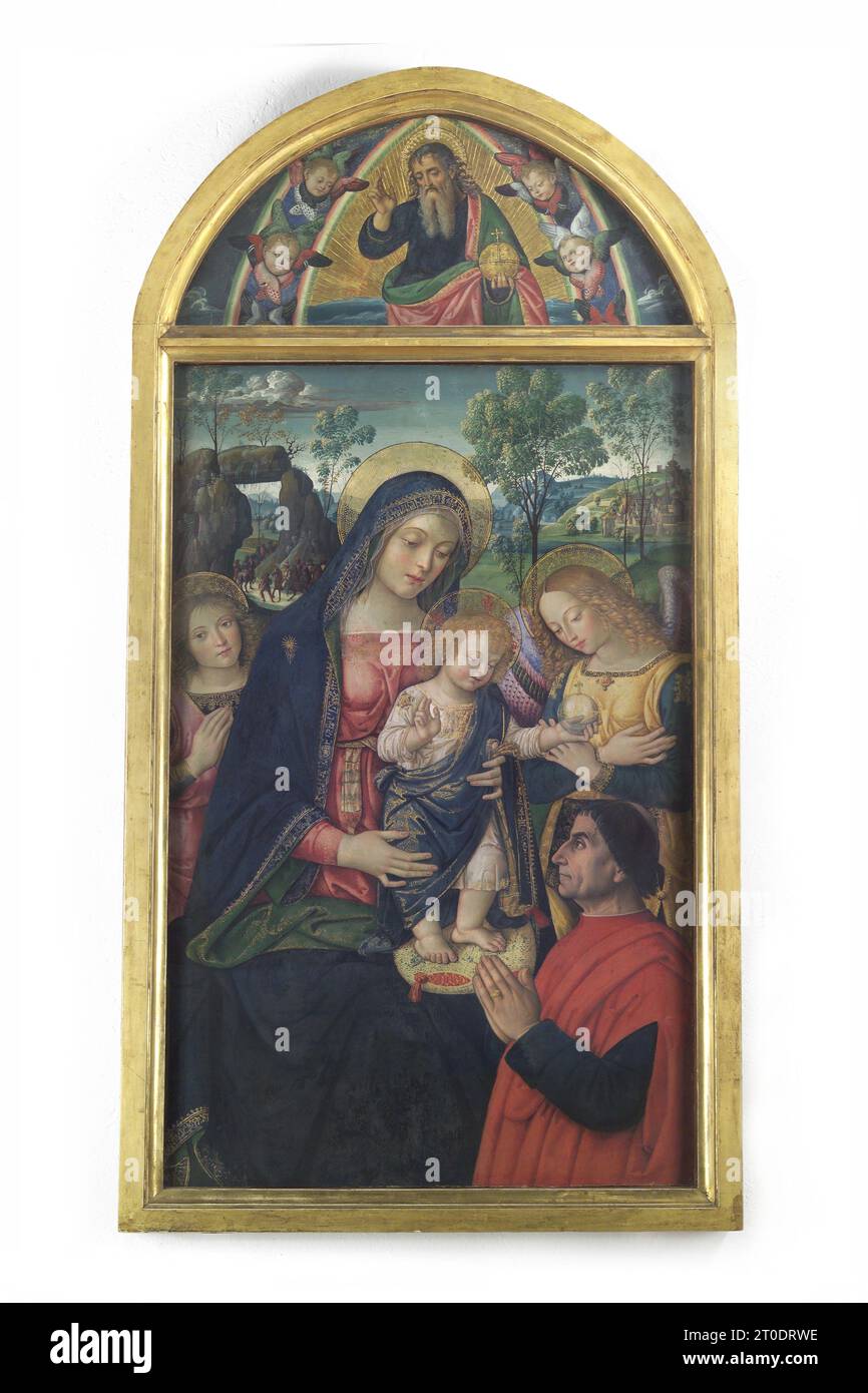 San Sanseverino Marken (Italien, Marken - Provinz Macerata), Pinacoteca Civica „P. Tacchi Venturi“, Bernardino di Betto, bekannt als Pinturicchio, Madonna und Kind, Engel und das Werk des kunstkommissars Stockfoto