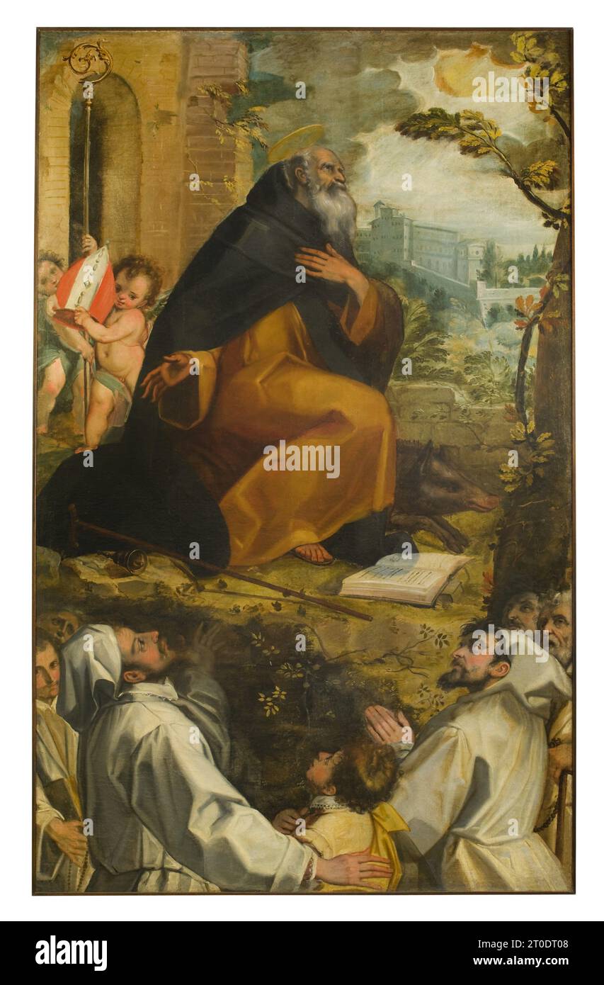 Mombaroccio (Italien, Marken, Provinz Pesaro-Urbino). Museum für sakrale Kunst in der Kirche San Marco. Antonio Cimatori, bekannt als il Visacci, Abt des Heiligen Antonius und Mitglieder der Familie Del Monte in den Kleidern der Konfraternschaft des Heiligen Antonius, um 1616 Stockfoto