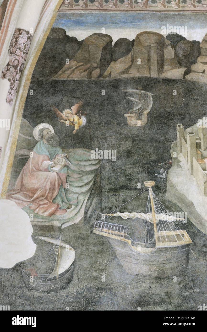 Fermo (Italien, Marken, Provinz Fermo), Oratorium Santa Monica. Freskenzyklus von Pietro di Domenico da Montepulciano, Anfang des 15. Jahrhunderts. Zyklus von St.. Johannes der Evangelist - St. John auf Patmos Stockfoto