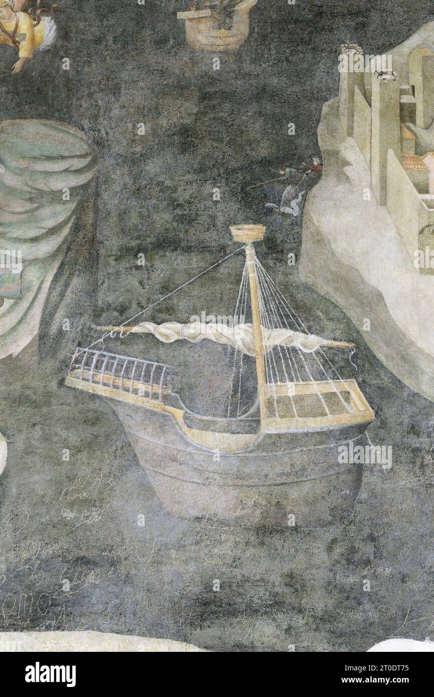 Fermo (Italien, Marken, Provinz Fermo), Oratorium Santa Monica. Freskenzyklus von Pietro di Domenico da Montepulciano, Anfang des 15. Jahrhunderts. Zyklus von St.. Johannes der Evangelist - St. John auf Patmos Stockfoto