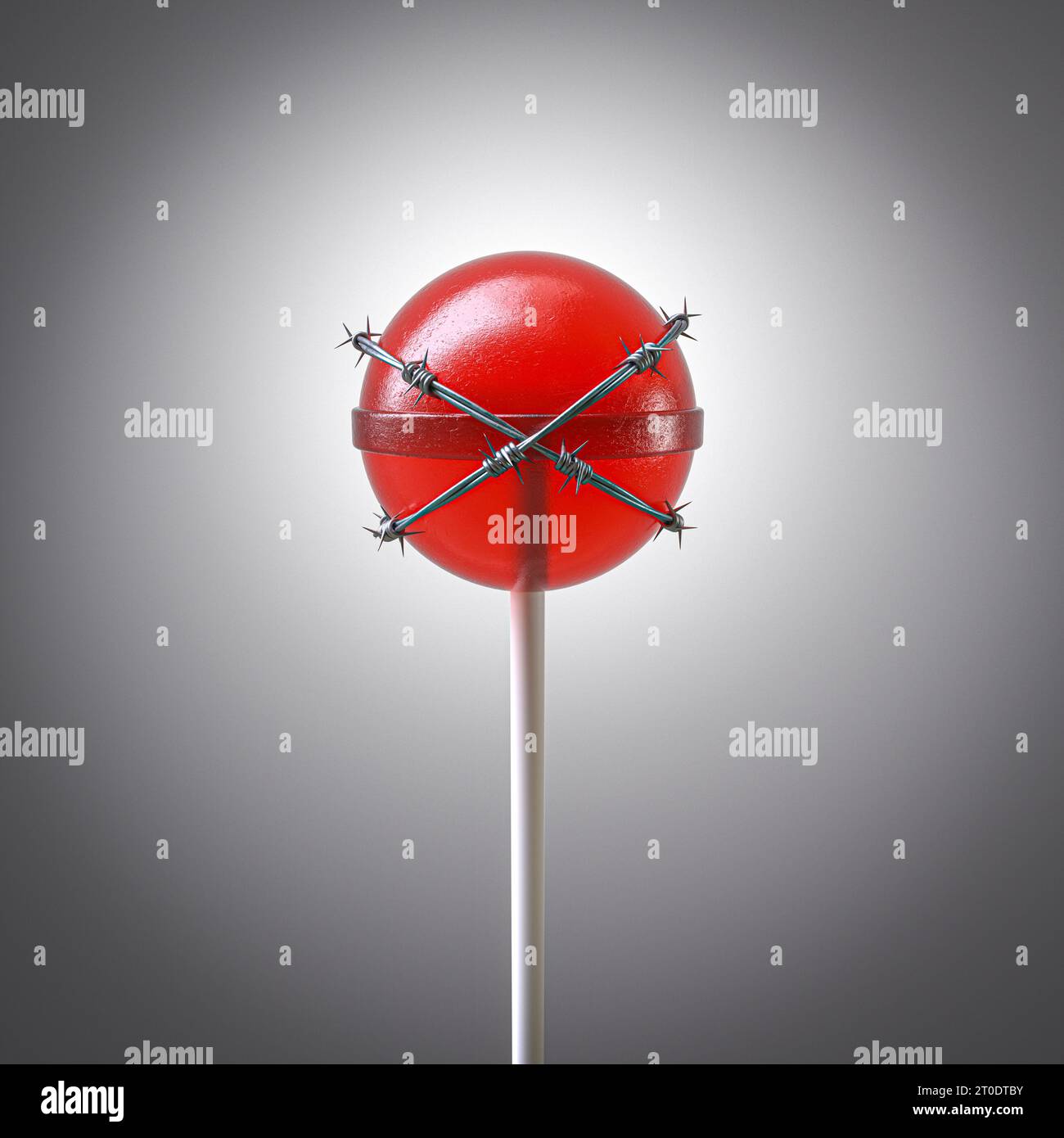 Klassischer roter Lutscher mit Stacheldraht. 3D-Rendering Stockfoto