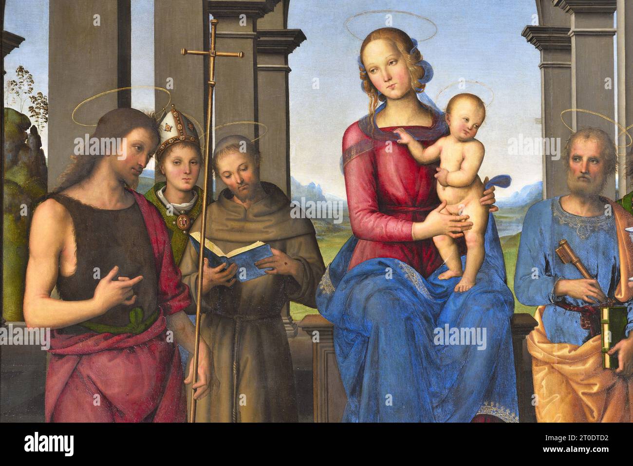 Fano (Italien, Marken. Provinz Pesaro-Urbino). Kirche Santa Maria Nuova, Pietro Vannucci bekannt als Il Perugino, Fano Altar (Jungfrau und Kind mit den Heiligen Johannes dem Täufer, Ludwig von Toulouse, Franz von Assisi, Peter und Maria Magdalena), Öl auf Platte, 1488-89 Stockfoto