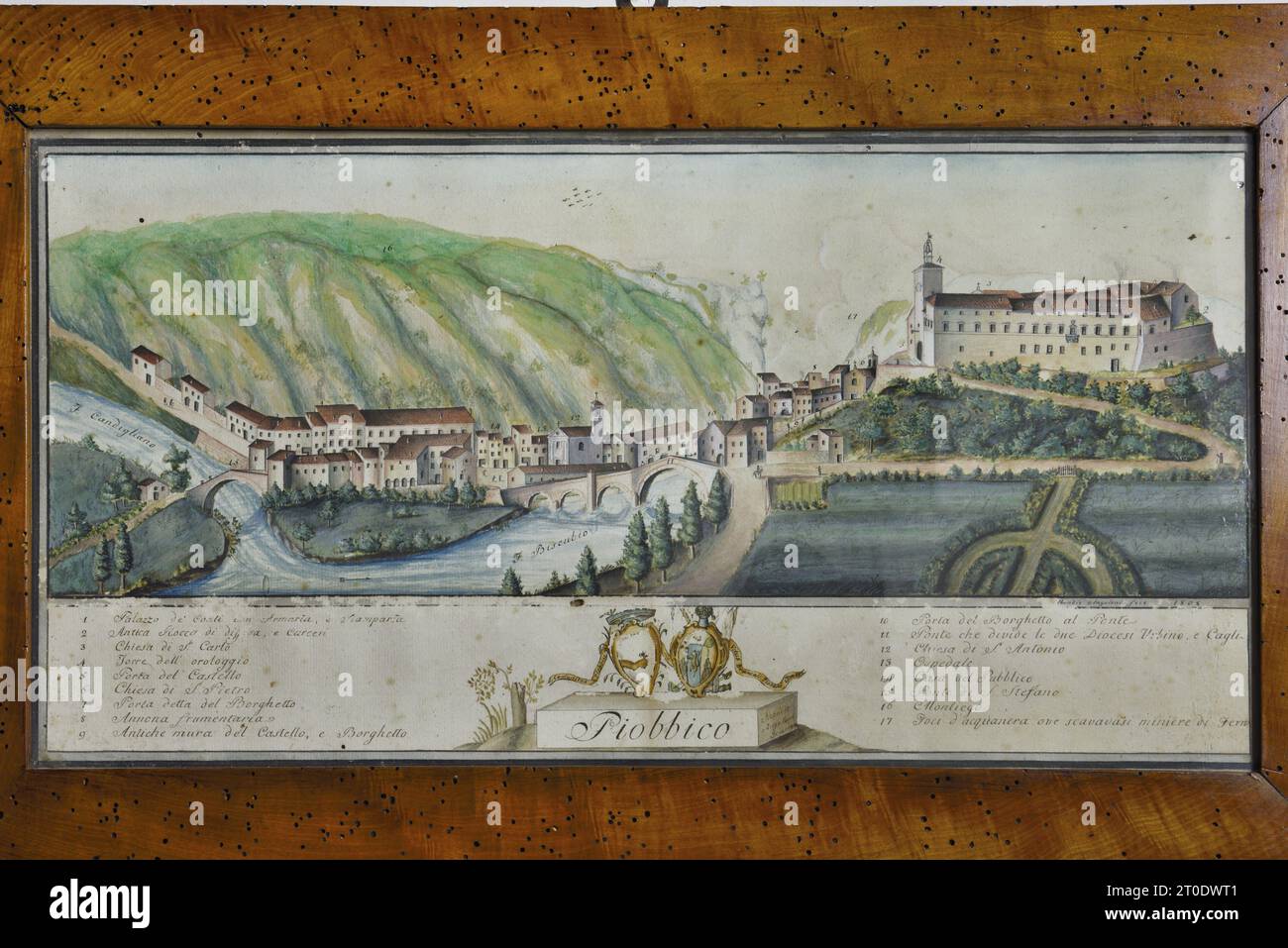 Piobbico (Italien, Marken - Provinz Pesaro-Urbino), Schloss Brancaleoni, Adelswohnung, Sala del Leon d'Oro. Aquarellstich, Blick auf Piobbico (Angeloni, 1808) Stockfoto