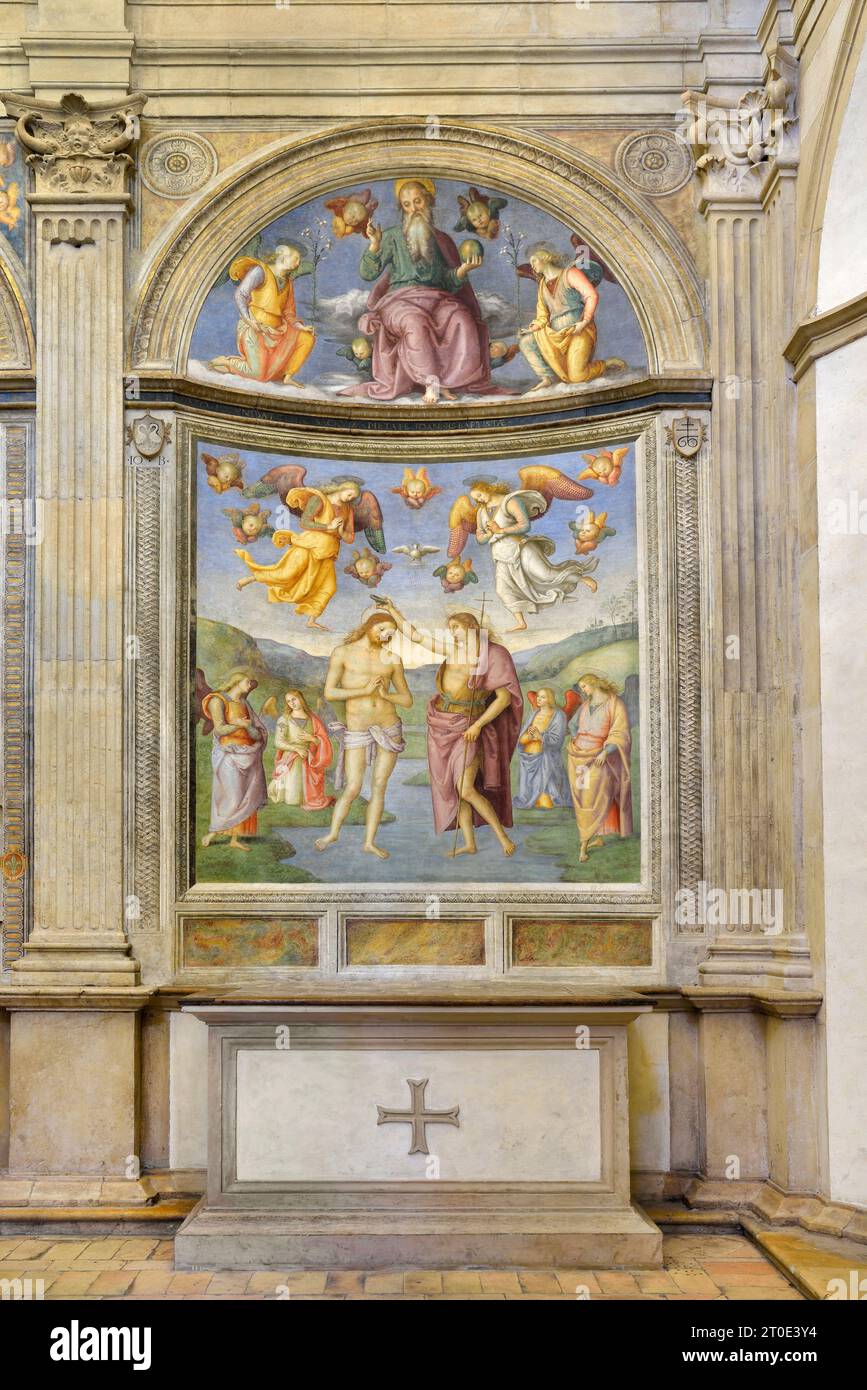 Foligno (Italien, Umbrien, Provinz Perugia), Oratorium der Nunziatella. Perugino, Taufe und Ewige verehrt von zwei Engeln, Fresko Stockfoto