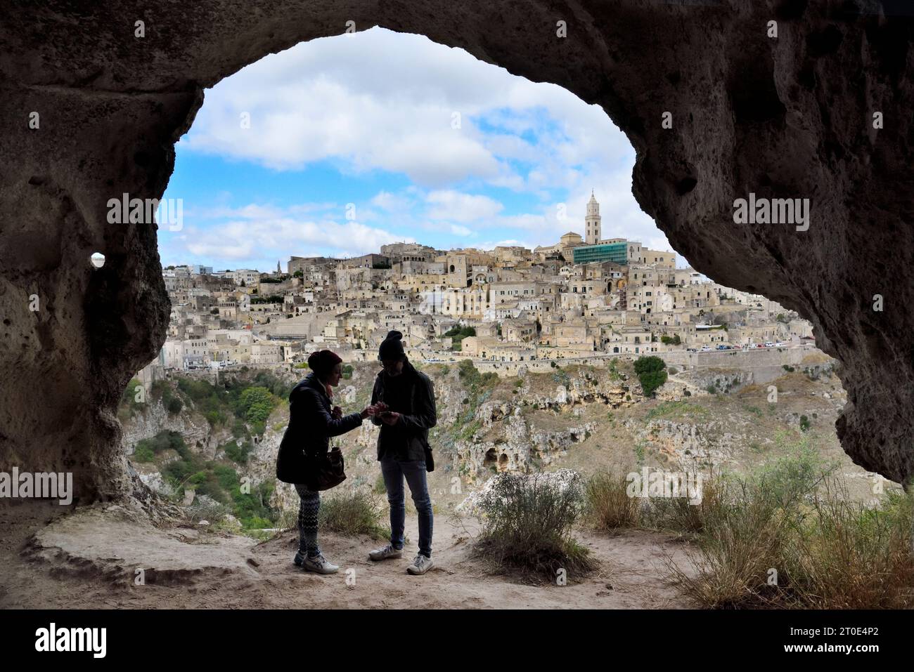 Matera (Italien, Basilicata, Provinz Matera). Felshöhlen im Murgia Park (regionaler Archäologischer Park der Rupestrianischen Kirchen von Materano) Stockfoto