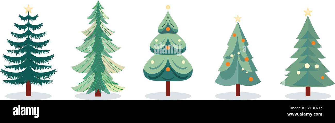 Weihnachtsbäume in schlichtem Stil für Winterferien. Weihnachten Tanne und Kiefer Kollektion. Stock Vektor