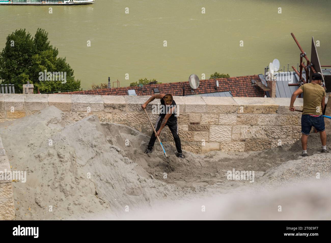 Arbeiter auf einer Baustelle, Schloss Buda, Budapest, Ungarn Stockfoto